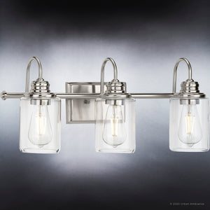 Three UHP4062 Vintage Bath Light 9.875''H x 23.375''W with clear glass jars, Brushed Nickel Finish, Hedland Collection by Urban Ambiance