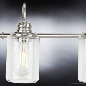 A unique vintage bath lighting fixture with a brushed nickel finish.