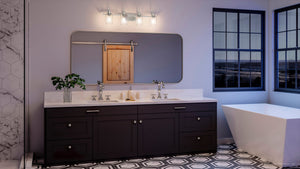 A luxury bathroom featuring the UHP4063 Vintage Bath Light 9.875''H x 32.25''W lighting fixture in a brushed nickel finish.