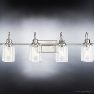 Four UHP4063 Vintage Bath Light 9.875''H x 32.25''W with clear glass shades, Brushed Nickel Finish, Hedland Collection by Urban Ambiance