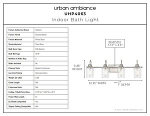 A diagram showing the dimensions of a beautiful Urban Ambiance UHP4063 Vintage Bath Light 9.875''H x 32.25''W, Brushed Nickel Finish, Hed