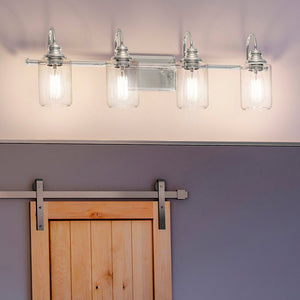 A bathroom with a unique lighting fixture: UHP4063 Vintage Bath Light 9.875''H x 32.25''W, Brushed Nickel Finish, Hedland Collection by Urban Amb