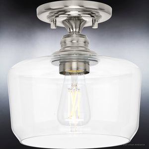 An UHP4064 Vintage Ceiling Lamp 9''H x 9''W, Brushed Nickel Finish, Hedland Collection with a clear glass shade.