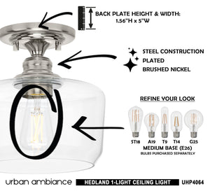 A beautiful diagram showing how to install a unique UHP4064 Vintage Ceiling Light 9''H x 9''W, Brushed Nickel Finish, Hedland Collection by Urban Ambiance
