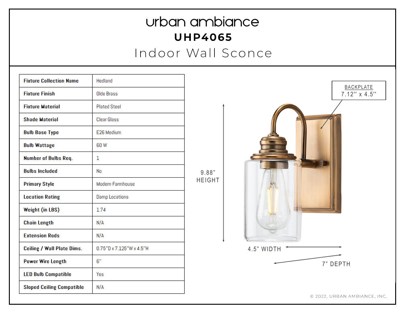 UHP4065 Vintage Wall Sconce 9.875''H x 4.5''W, Olde Brass Finish