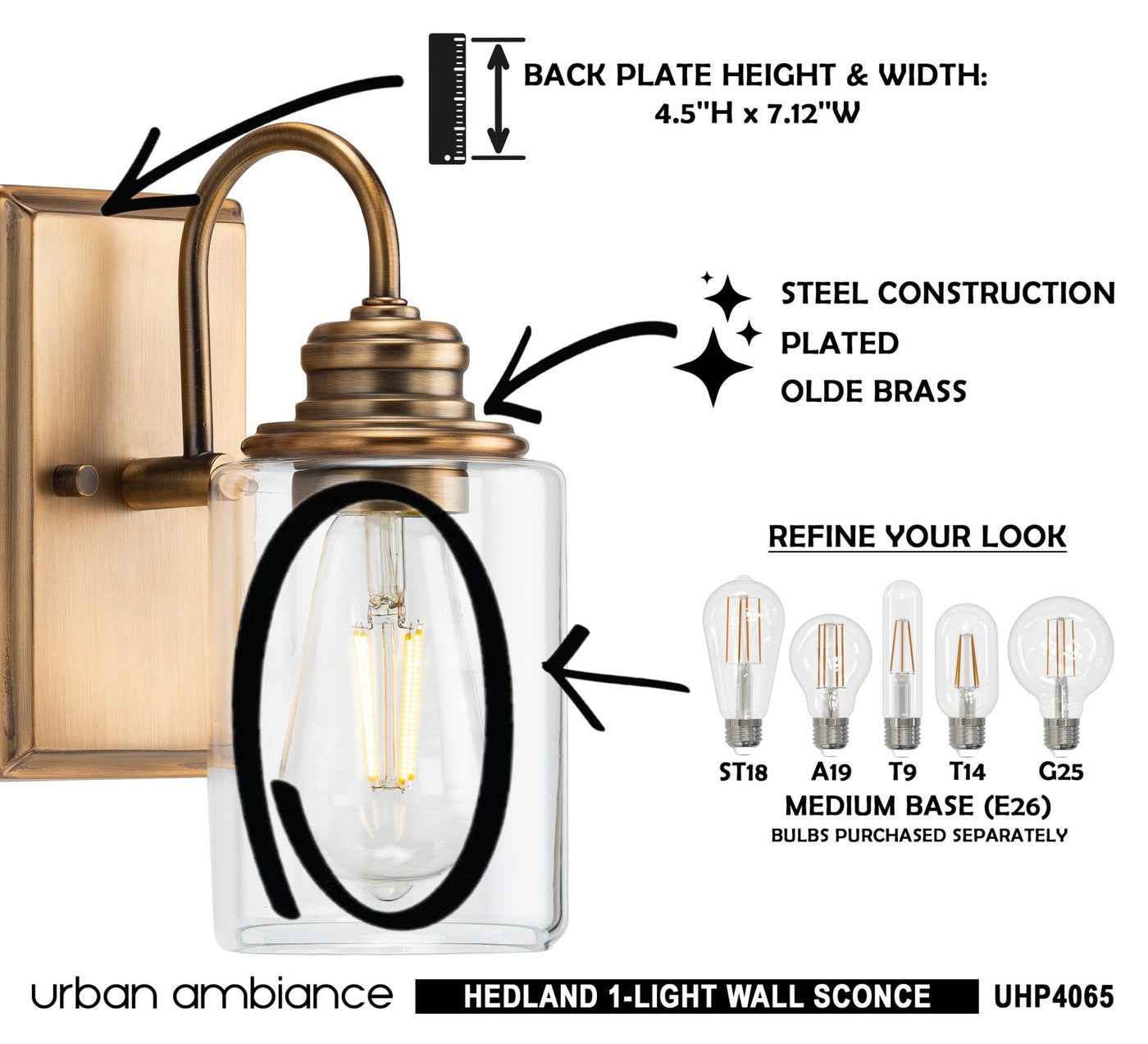 UHP4065 Vintage Wall Sconce 9.875''H x 4.5''W, Olde Brass