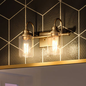 A gorgeous bathroom with two unique UHP4066 Vintage Bath Light 9.875''H x 14.625''W fixtures hanging above a tiled wall, Urban Ambiance brand.