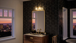 An Urban Ambiance UHP4066 Vintage Bath Light 9.875''H x 14.625''W, Olde Brass Finish with a unique view of the city.