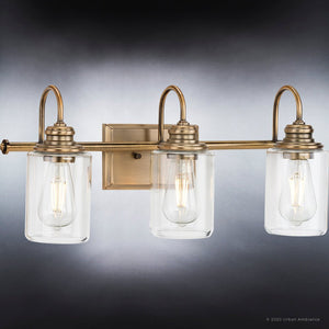 Three UHP4067 Vintage Bath Light 9.875''H x 23.375''W with clear glass jars, Olde Brass Finish, Hedland Collection luxury bathroom fixture by