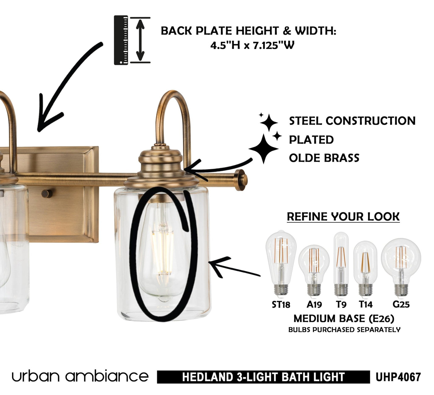 UHP4067 Vintage Bath Light 9.875''H x 23.375''W, Olde Brass Finish, He