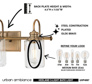 A unique Vintage Bath Light from Urban Ambiance's Hedland Collection, featuring a gorgeous Olde Brass finish, three beautiful glass jars, and clear instructions.