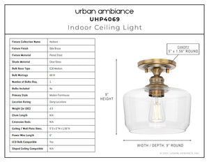 An UHP4069 Vintage Ceiling Light 9''H x 9''W, Olde Brass Finish, Hedland Collection indoor ceiling light with a glass shade by Urban Ambiance - a beautiful