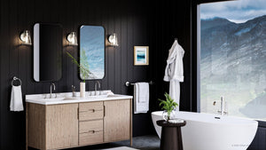 A modern bathroom with a unique lighting fixture, the UHP4070 Coastal Wall Sconce 8.25''H x 6''W, Brushed Nickel Finish, Kempsey Collection from