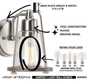 Urban Ambiance UHP4070 Coastal Wall Sconce 8.25''H x 6''W, Brushed Nickel Finish, Kempsey Collection - luxury