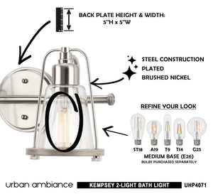A diagram showing how to install the unique UHP4071 Coastal Bath Light 8.25''H x 15''W, Brushed Nickel Finish, Kempsey Collection in a s