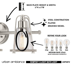An image of a unique UHP4072 Coastal Bath Light 8.25''H x 24''W, Brushed Nickel Finish, Kempsey Collection with instructions from Urban Ambiance.