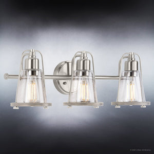 Three gorgeous Coastal Bath Light fixtures with clear glass shades by Urban Ambiance.