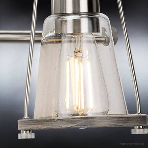 A unique lighting fixture with a gorgeous glass shade and metal frame: UHP4073 Coastal Bath Light 8.25''H x 33''W, Brushed Nickel Finish from the Kempsey