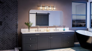 A unique bathroom with a UHP4073 Coastal Bath Light 8.25''H x 33''W, Brushed Nickel Finish, Kempsey Collection by Urban Ambiance and a