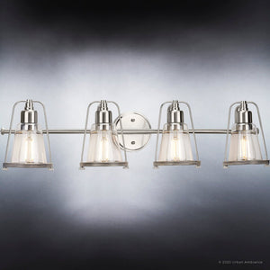 Four unique Coastal Bath Light 8.25''H x 33''W, Brushed Nickel Finish, Kempsey Collection bathroom fixture with clear glass shades by Urban Ambiance.