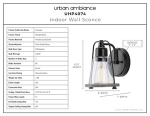 A unique diagram showing the dimensions of a luxury Urban Ambiance UHP4074 Coastal Wall Sconce 8.25''H x 6''W, Midnight Black Finish, Kemp