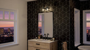 An Urban Ambiance UHP4075 Coastal Bath Light 8.25''H x 15''W, Midnight Black Finish, Kempsey Collection bathroom with a luxury view of the city.