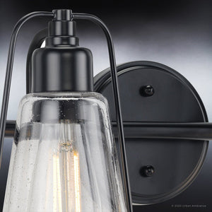 An Urban Ambiance UHP4075 Coastal Bath Light 8.25''H x 15''W, Midnight Black Finish, Kempsey Collection with a beautiful clear glass bulb.
