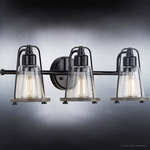 Three gorgeous UHP4076 Coastal Bath Light 8.25''H x 24''W, Midnight Black Finish, Kempsey Collection with clear glass bulbs from Urban Ambiance.