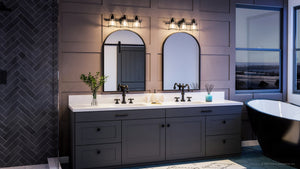 A gorgeous Urban Ambiance bathroom with two UHP4076 Coastal Bath Light 8.25''H x 24''W, Midnight Black Finish, Kempsey Collection sinks and a tub.