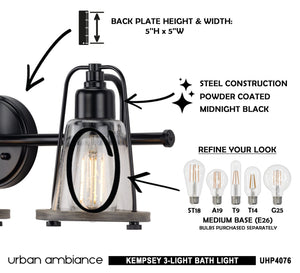 A beautiful bathroom with a UHP4076 Coastal Bath Light 8.25''H x 24''W, Midnight Black Finish, Kempsey Collection light bulb and instructions on how to use it