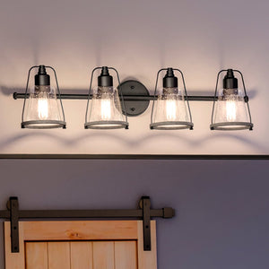 A gorgeous Urban Ambiance bathroom lighting fixture with four lights and a barn door: the UHP4077 Coastal Bath Light 8.25''H x 33''W, Midnight Black