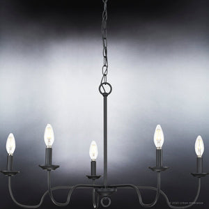 A unique Urban Ambiance UHP4080 Traditional Chandelier 18''H x 30.125''W, Midnight Black Finish, Warwick Collection with four candle lights.