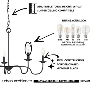 An image of a beautiful UHP4080 Traditional Chandelier 18''H x 30.125''W, Midnight Black Finish, Warwick Collection by Urban Ambiance with instructions on how to use
