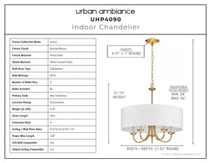 A unique lighting fixture diagram of the UHP4090 New Traditional Chandelier 21.125''H x 21.625''W, Brushed Bronze Finish, Aurora Collection by Urban