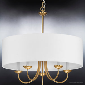 A beautiful UHP4090 New Traditional Chandelier 21.125''H x 21.625''W lighting fixture by Urban Ambiance with a white shade.