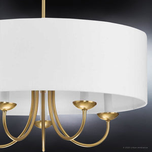 A luxury lighting fixture, the Urban Ambiance UHP4090 New Traditional Chandelier adds a touch of elegance with its brushed bronze finish and white shade.