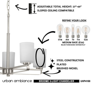A diagram showing how to install a beautiful UHP4100 Modern Chandelier from the Broome Collection by Urban Ambiance.