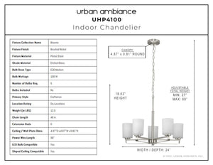 A diagram showing the dimensions of a luxurious Urban Ambiance UHP4100 Modern Chandelier 18.625''H x 24''W, Brushed Nickel Finish, Broome Collection.