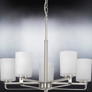 Four unique UHP4100 Modern Chandeliers with gorgeous frosted glass shades in the Urban Ambiance Broome Collection.