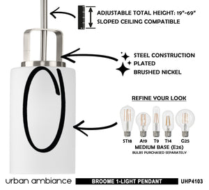 A diagram showing how to install the unique Urban Ambiance UHP4103 Modern Pendant 11''H x 5''W, Brushed Nickel Finish, Broome Collection light fixture.