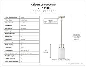 A diagram displaying the dimensions of the luxurious UHP4103 Modern Pendant 11''H x 5''W, Brushed Nickel Finish, Broome Collection indoor pendant light from Urban Ambiance.