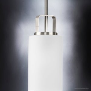 An Urban Ambiance UHP4103 Modern Pendant lighting fixture 11''H x 5''W, Brushed Nickel Finish, Broome Collection with a white glass shade.