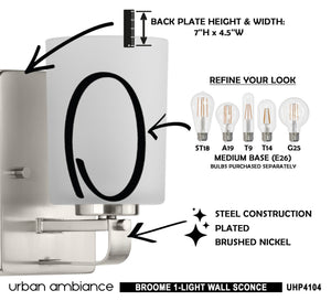 A beautiful Urban Ambiance UHP4104 Modern Wall Sconce lighting fixture, 8''H x 4.5''W, with brushed nickel finish from the Broome Collection
