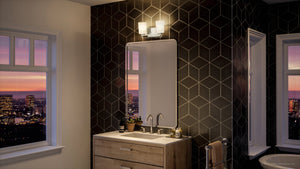 A luxurious Urban Ambiance UHP4105 Modern Bath Light 7.625''H x 13.625''W, finished in brushed nickel, from the Broome Collection showcasing a city view