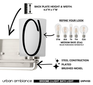 A unique diagram showing how to install a beautiful UHP4105 Modern Bath Light 7.625''H x 13.625''W, Brushed Nickel Finish, Broome Collection by Urban