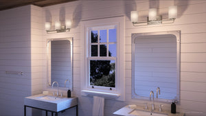 A 3d rendering of a gorgeous bathroom with two sinks and a window featuring the Urban Ambiance UHP4106 Modern Bath Light.