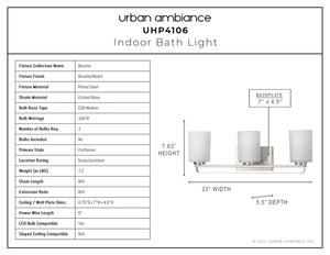 A diagram showing how to install the Urban Ambiance UHP4106 Modern Bath Light 7.625''H x 23''W in a beautiful, brushed nickel finish from the Bro
