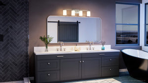 A bathroom with black cabinets, a tub, and the gorgeous UHP4107 Modern Bath Light 7.625''H x 32.5''W with Brushed Nickel Finish from