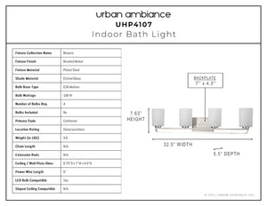 A beautiful lighting fixture diagram displaying the dimensions of the UHP4107 Modern Bath Light 7.625''H x 32.5''W, Brushed Nickel Finish, Broome Collection by