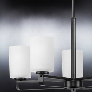 A unique lighting fixture: An Urban Ambiance UHP4108 Modern Chandelier 18.625''H x 24''W, Midnight Black Finish, Broome Collection with three white glass shades